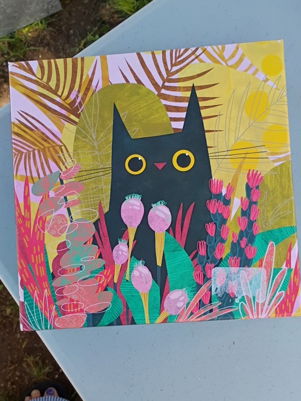 Fred Kids Puzzle - Black Cat with Yellow Eyes and Pink & Green Floral Art